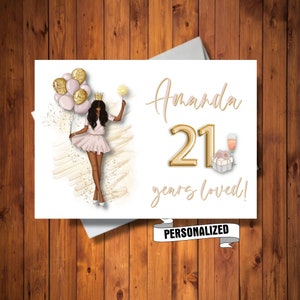 Carte de voeux d'anniversaire personnalisée pour fille ou femme, couleur de cheveux et de peau au choix, années de service, carte de tout âge, carte numérique personnalisée