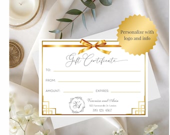 Buono regalo personalizzato con elegante fiocco dorato, logo e nome dell'azienda, file digitale in stile cartolina.