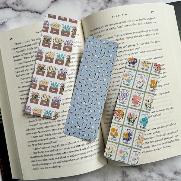 Cute Spring Floral Flower Bookmarks Handmade Double Sided Laminated Bookmarks Gift For Book Lover Reader Accessories Bees Flower Pots Plants