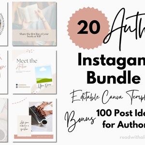 May include: A graphic with a pink starburst containing the number 20 and the word "Author" in cursive. The text "Instagram Bundle" is in black bold font. Below the text is "Editable Canva Templates" in black font. Below that is "Bonus 100 Post Ideas for Authors" in black font. The text "readwithallison.com" is in black font at the bottom of the graphic.