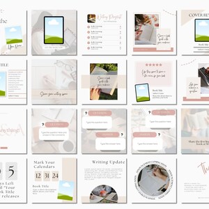 May include: A collection of 16 Instagram post templates for authors promoting their book. The templates feature a light pink and beige color scheme with illustrations of clouds, books, and writing spaces. The text includes "Meet the Author", "Book Title", "Ask Anything", "Writing Playlist", "Cover Reveal", "Mark Your Calendars", "Writing Update", "Share the first line of your book or WIP", and "Thank You".