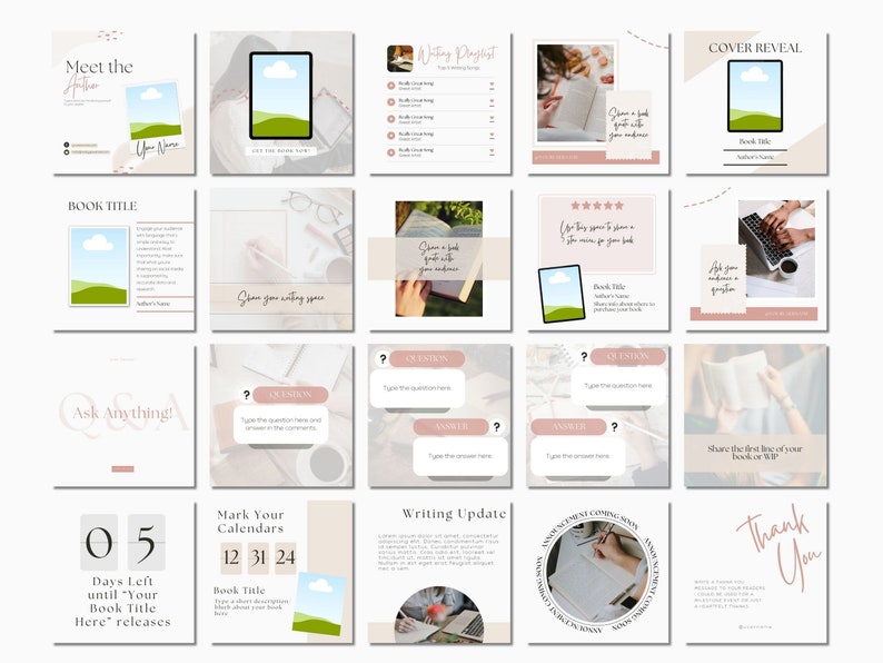 May include: A collection of 16 Instagram post templates for authors promoting their book. The templates feature a light pink and beige color scheme with illustrations of clouds, books, and writing spaces. The text includes "Meet the Author", "Book Title", "Ask Anything", "Writing Playlist", "Cover Reveal", "Mark Your Calendars", "Writing Update", "Share the first line of your book or WIP", and "Thank You".