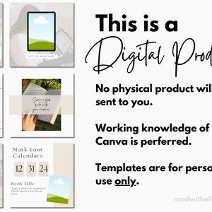 May include: A digital product for Canva templates. The text reads "This is a Digital Product. No physical product will be sent to you. Working knowledge of Canva is preferred. Templates are for personal use only. readwithallison.com"