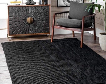 Black Rug, Jute Rug black , Rug for bedroom, Area rug, Living Room Rug, square rug, Custom Size Rug, Home Décor Rug