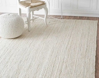 Alfombra de yute boho blanco natural, alfombra de área de yute blanco, alfombra beige marfil, alfombra de tamaño personalizado, alfombra tejida a mano india, alfombra boho, alfombra grande blanca,