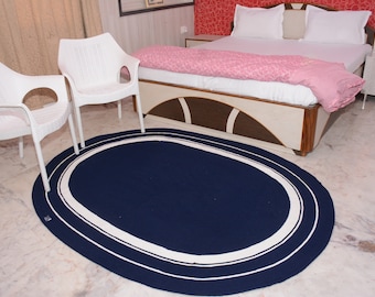 Home décor Braided Natural Cotton rug Oval Shape Rug Hand made Rug, Area Rug, Floor Rug, Door Mat Rug, Rag Rug BLue & White Border Rug