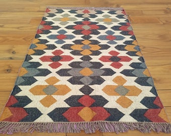 Handmade Boho Decor Wool Jute Kilim Rug, Handwoven Wool Jute Rug, color full rug , Kilim Jute Rug