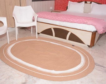 Home décor Braided Natural Cotton rug Oval Shape Rug Hand made Rug, Area Rug, Floor Rug, Door Mat Rug, Rag Rug Brown & White Border Rug