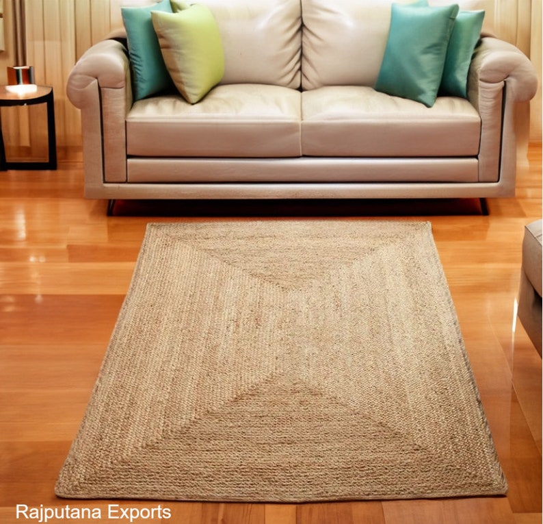Inidan tejido a mano de fibra natural negro blanco azul alfombra de yute beige, alfombras de yute, alfombra de yute Boho Decor, alfomb imagen 3