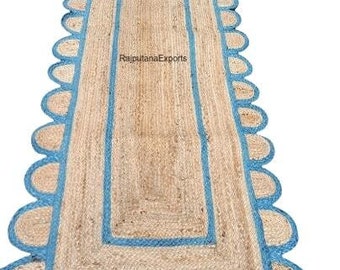 Alfombra de yute festoneada boho hecha a mano india - alfombra de yute azul cielo - decoración boho festoneada - alfombra de cáñamo natural - alfombra de yute hecha a mano - alfombra de patio