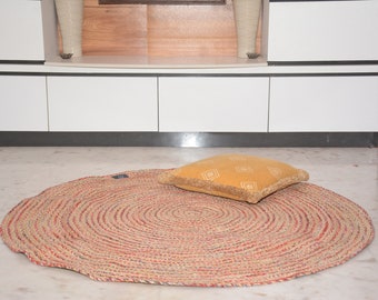 Hand Braided Bohemian Cotton Chindi And Natural jute Round Rug / jute rug / Chindi rug / Rugs for Bedroom / Recycled Cotton Rug / Organic