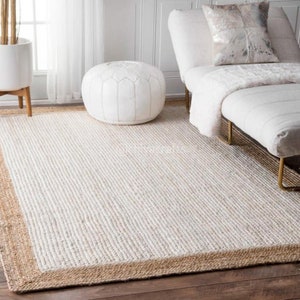 Alfombra de yute natural, alfombra de área grande, alfombra de área moderna, alfombra de yute blanca, alfombra de yute única imagen 1