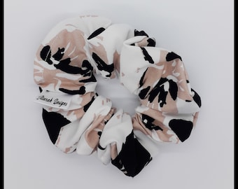 Petite Size Scrunchie- The Chloe - White with black and beige flowers