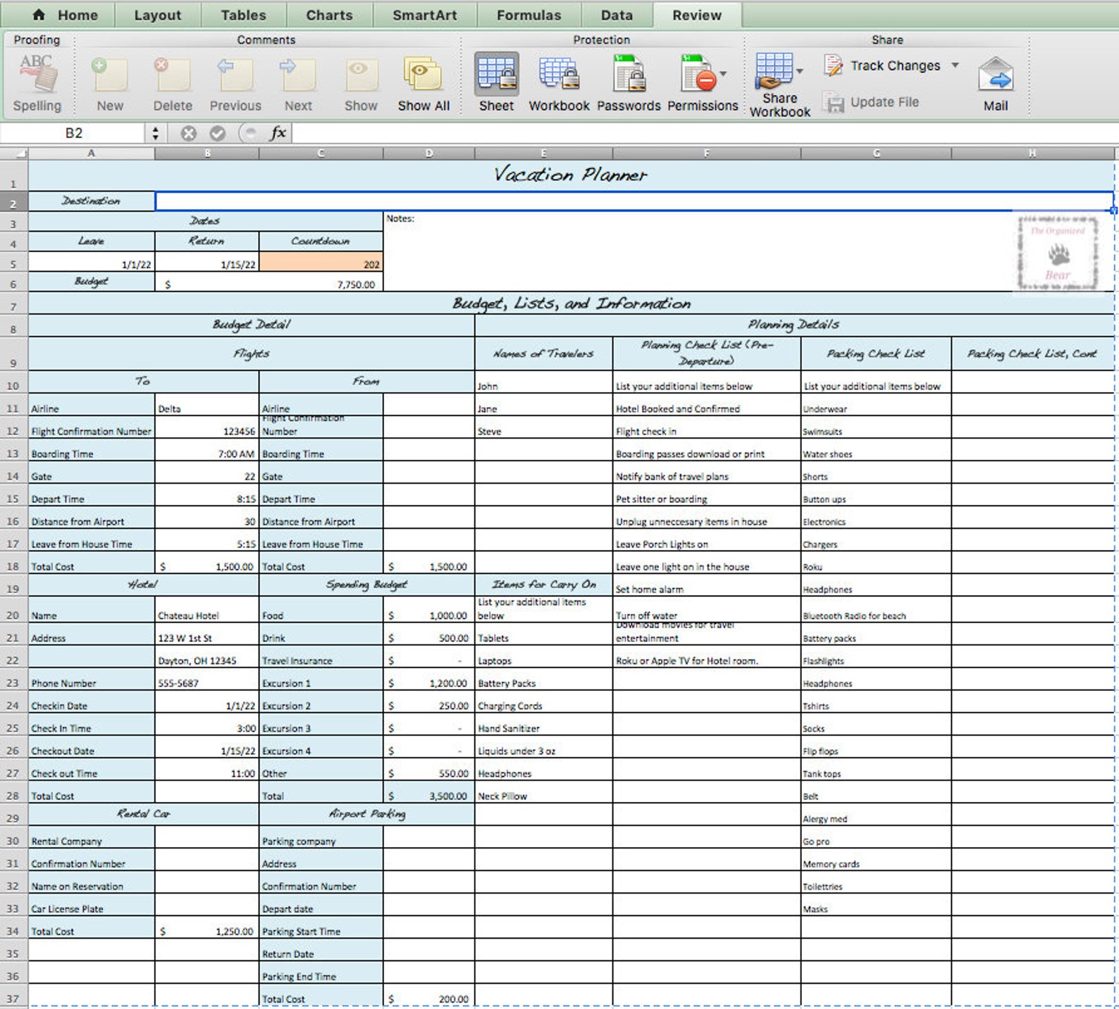 Simple Vacation Planner Excel Etsy