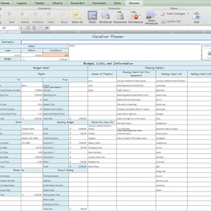 May include: A blue and white spreadsheet with the title "Vacation Planner" and columns for "Destination", "Dates", "Countdown", "Budget Detail", "Nights", "Ta", "From", "Airline", "Flight Confirmation Number", "Boarding Time", "Gate", "Depart Time", "Distance From Airport", "Leave From House Time", "Total Cost", "Hotel", "Name", "Address", "Phone Number", "Checkin Date", "Check In Time", "Check Out Date", "Check Out Time", "Total Cost", "Rental Car", "Confirmation Number", "Car License Plate", "Name on Reservation", "Car Cost", "Total Cost", "Parking", "Parking Company", "Address", "Confirmation Number", "Depart Date", "Parking Start Time", "Return Date", "Parking End Time", "Total Cost", "Budget, Lists, and Information", "Planning Details", "Planning Check List (Pre-Departure)", "Parking Check List", "Parking Check List, Cont", "List your additional terms below", "Hotel Booked and Confirmed", "List your additional terms below", "Underwear", "Swimsuits", "Water shoes", "Shorts", "Button up", "Sports wear", "Electronics", "Chargers", "Books", "Headphones", "Bluetooth Radio for beach", "Headlights", "Battery packs", "Toothbrushes", "Towels", "Flip flops", "Socks", "Tank tops", "T-shirt", "Tool kit", "Allergy med", "Memory cards", "Masks", "Toiletries", "Items for Carry On", "List your additional terms below", "Laptops", "Tablets", "Battery Packs", "Charging Cards", "Liquid under 100 ml", "Hand Sanitizer", "Headphones", "Neck Pillow", "Entertainment", "Roxy or Apple TV for hotel room", "Turn off water alarm", "Set home alarm", "Leave one light on in the house", "Leave porch lights on", "Unique items in house", "Notify bank of travel plans", "Pet sitter or boarding", "Boarding passes download or print", "Flight check in", "Names of Travelers", "John", "Steve", "Jane".