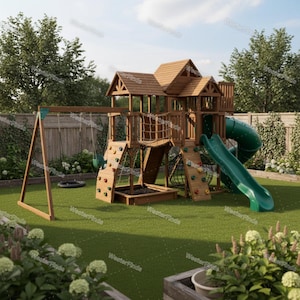 Wooden Playset with Monkey Bars & Tube Slide, Kids Backyard Swing Set with Climbing Wall and Rope Bridge