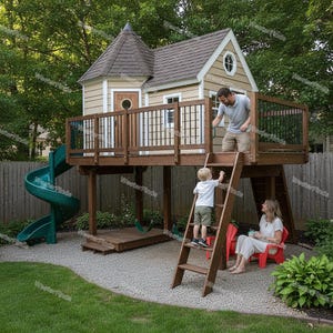 Elevated Wooden Playhouse with Tower Roof & Spiral Slide, Kids Backyard Swing Set with Deck and Ladder