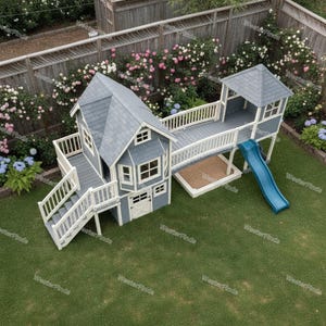 Elevated Wooden Playhouse with Bridge & Slide, Kids Backyard Playhouse with Stairs and Sandbox Area