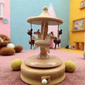 Wooden Music Box Wind Up Carousel Horse, Hand Carved Musical Box Gift for Kids, Vintage Style Tabletop Ornament for Xmas Birthday Room Decor