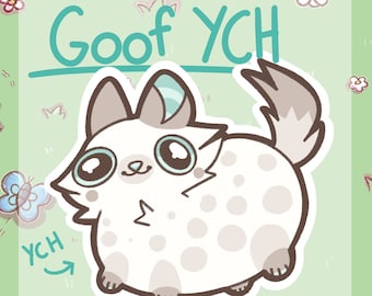 May include: A cartoon illustration of a white, round, spotted cat with a blue ear and big eyes. The cat is looking to the left and has a small, pink nose. The text "Goof YCH" is written above the cat in a teal color.