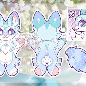 May include: Digital illustration of a cartoon character in blue, white, and purple. The character has large eyes, star markings, and a fluffy tail. Additional images include a profile view and a colour palette.