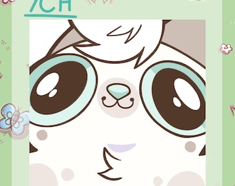 May include: A digital illustration of a cartoon animal face with large brown eyes outlined in light blue. The animal has a small nose and mouth, with the text "YCH" in teal above the face. The background is light green with floral and butterfly accents.