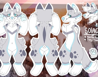 May include: A digital illustration of a gray and white fox character named "Solace". The fox has blue eyes and is shown in three poses: front-facing, side-facing, and a close-up of the head. The fox is labeled as a "marble fox" and uses "they/them" pronouns.