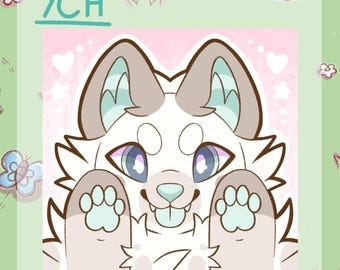 May include: A white and gray furry cartoon animal with blue eyes and a pink tongue sticking out. The animal is looking at the viewer and has its paws up in the air. The background is pink with white hearts and stars.