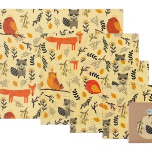 May include: Set of five beeswax food wraps with a woodland animal print. The wraps feature foxes, owls, raccoons, and birds on a yellow background. The wraps are packaged in a brown paper envelope with a raccoon illustration.