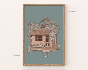 House Illustration, House Print, Japanese Asian House, Wall Decor Illustration, House Print Art, Illustration Printable, Landscape Print Art