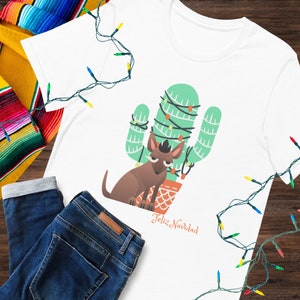 Feliz Navidad T-Shirt, Christmas Mexican Hairless Dog, Christmas Cactus, Funny Christmas T-shirt