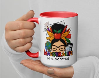 Personalizowany kubek dla nauczyciela Maestra Life, kubek do kawy Maestra, dwujęzyczny kubek dla nauczyciela, nauczycielka latynoska, życie nauczyciela, era nauczyciela