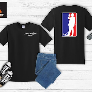 May include: Black t-shirts with golf-themed graphics. One shirt has the text "Grip it & Sip it" and a golf ball graphic. The other shirt features a silhouette of a golfer in a red, white, and blue design. Includes jeans and sneakers.