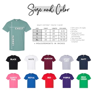 May include: A product display featuring youth t-shirts in various colours, including black, white, maroon, and navy. The image includes a size chart with chest and length measurements in inches, and the text "Size and Color."