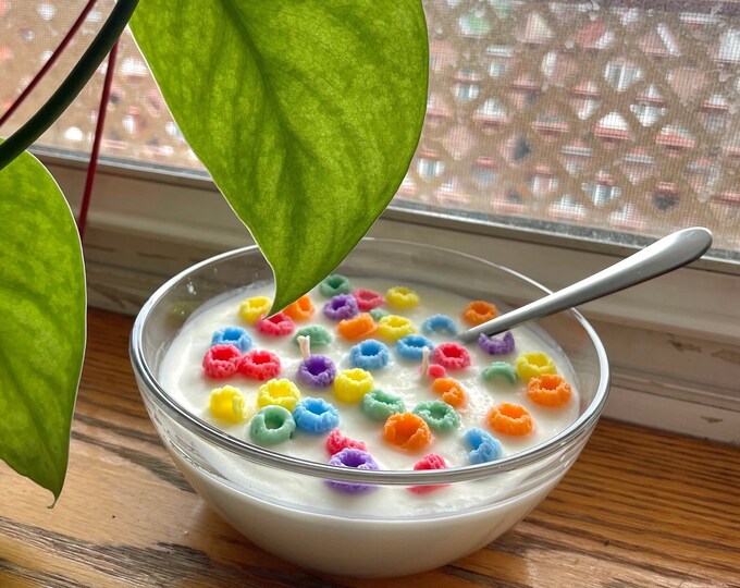 Fruit Loop Bowl Candle, with Spoon, cereal scented candle, breakfast, food candle, decorative candle, natural soy, handmade, valentine's day