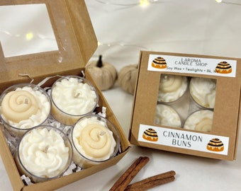Cinnamon Bun Tealights, Set of 4, Fall dessert candles, Food candles, Whipped tealights, Fall gift set, Cute small candles, Winter gift box