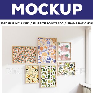 May include: A collection of six framed art prints with various abstract designs, including colorful patterns, floral motifs, and avocado illustrations. The frames are light-colored wood, and the artwork is displayed on a white wall. The word "MOCKUP" is at the top.