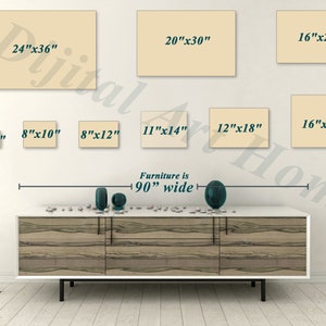 May include: A display of framed art prints in various sizes, including 24"x36", 20"x30", and 16"x24". The prints are displayed on a white wall above a 90-inch wide cabinet. The text "Digital Art Home" is visible.