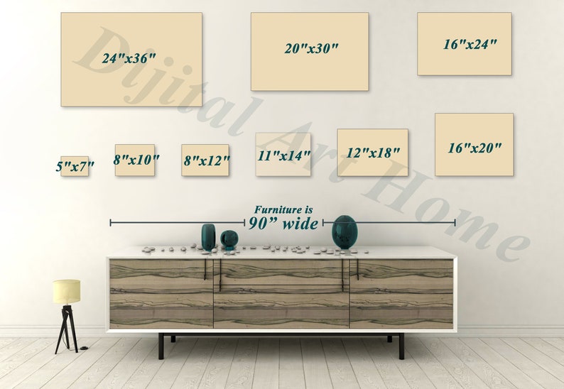 May include: A display of framed art prints in various sizes, including 24"x36", 20"x30", and 16"x24". The prints are displayed on a white wall above a 90-inch wide cabinet. The text "Digital Art Home" is visible.