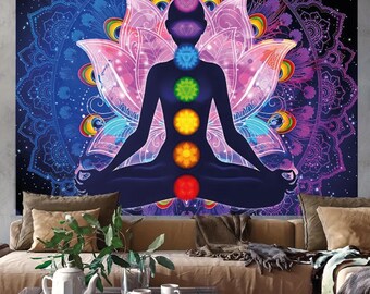 May include: A tapestry featuring a meditating figure with chakra symbols, set against a backdrop of a lotus flower and a mandala design. The color palette includes blues, purples, and rainbow hues, creating a spiritual and decorative piece.