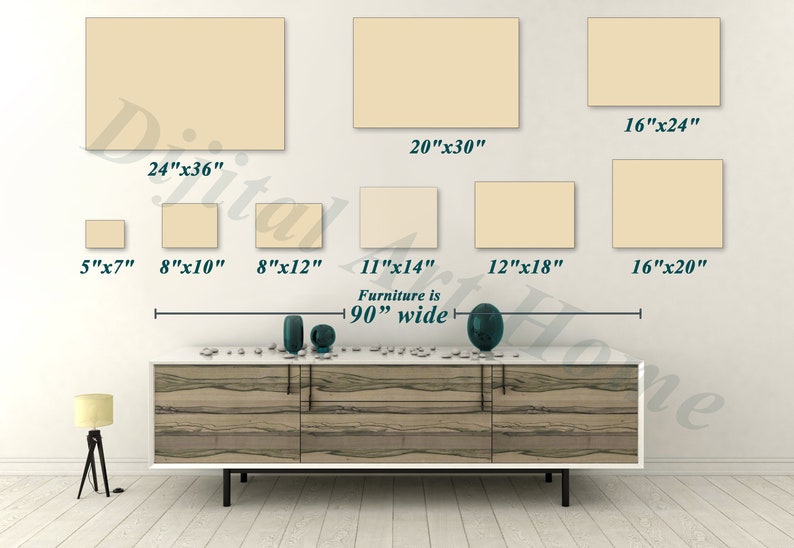 May include: A display of various sized beige rectangular canvases, ranging from 5"x7" to 24"x36", are arranged on a white wall. The text "Furniture is 90" wide" is displayed below the canvases. A modern white and wood-tone cabinet is below the text.