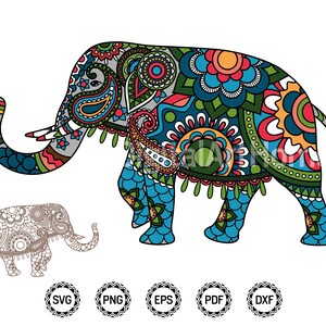 May include: A colorful, patterned elephant illustration with intricate designs in shades of blue, green, red, and orange. A smaller, outline version of the elephant is also present. File type icons for SVG, PNG, EPS, PDF, and DXF are shown.