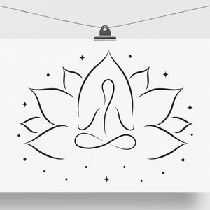 May include: Black and white line art print of a meditating figure within a lotus flower. The design includes stars and dots, creating a serene and minimalist aesthetic. The artwork is displayed on a white background.