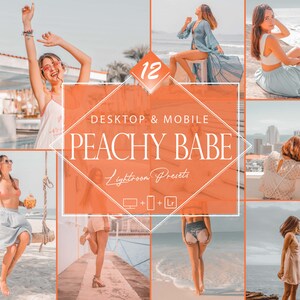 May include: A collage of 12 Lightroom presets for desktop and mobile, called "Peachy Babe". The presets are designed to give photos a warm, peachy tone. The collage features photos of people in various settings, including beaches, cities, and parks.