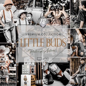 Könnte beinhalten: Eine Sammlung von 12 Photoshop-Aktionen namens "Little Buds" zum Bearbeiten von Fotos von Kindern. Die Aktionen wurden entwickelt, um einen Vintage-Look mit verblassten Farben und warmen Tönen zu erzeugen. Das Bild zeigt verschiedene Fotos von Kindern in unterschiedlichen Umgebungen, darunter ein Kind in einem Auto, ein Kind, das mit Blöcken spielt, und ein Kind, das durch ein Fernglas schaut.