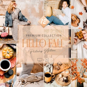 Puede incluir: Un collage de imágenes con temática otoñal, que incluye a una mujer con una chaqueta vaquera y un vestido floral, una mujer leyendo un libro, una mujer sosteniendo una hoja y una taza de café con galletas y hojas de otoño. El texto "HELLO FALL" aparece en el centro del collage.