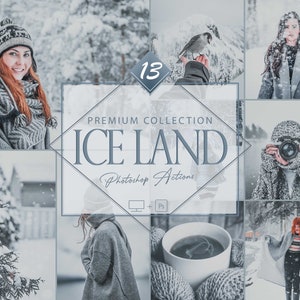 May include: A collage of wintery images featuring a woman in a gray scarf and hat, a bird perched on a branch, a cup of coffee, and a woman in a gray sweater. The text "PREMIUM COLLECTION ICE LAND Photoshop Actions" is displayed in a blue and white box.