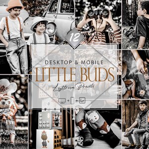 Könnte beinhalten: Ein Set mit 12 Lightroom-Presets namens "Little Buds" für Desktop und mobile Geräte. Die Presets sind so konzipiert, dass Fotos einen Vintage-Look mit verblassten Farben erhalten. Das Bild zeigt eine Collage von Fotos mit Kindern in verschiedenen Umgebungen.