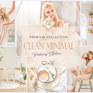 Op de afbeelding: Een collage van afbeeldingen die een verzameling van 12 schone en minimalistische Photoshop-acties laten zien. De afbeeldingen tonen een vrouw in een witte jurk, een vrouw die op een stoel zit, een kopje koffie en een hangende plant.
