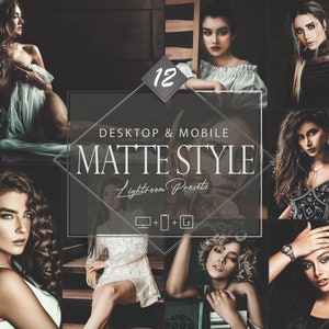 Op de afbeelding: Een set van 12 Lightroom-presets voor desktop en mobiele apparaten, genaamd "Matte Style". De presets zijn ontworpen om foto's een matte, vintage look te geven. De afbeelding toont verschillende voorbeelden van hoe de presets kunnen worden gebruikt om foto's te bewerken.